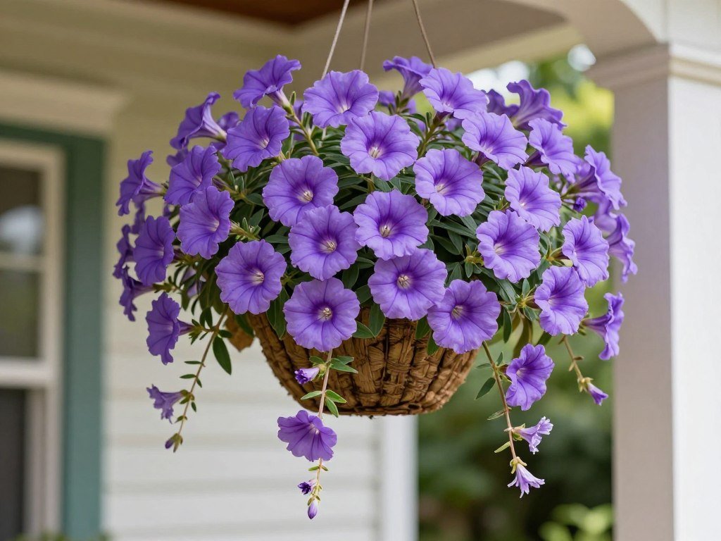 Purple scaevola fan flower hanging basket with unique asymmetrical blooms