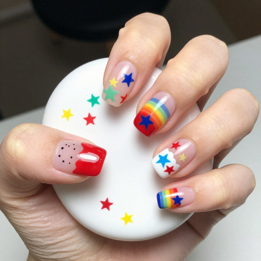 Rainbow colored stars on white base for inclusive patriotic nail design