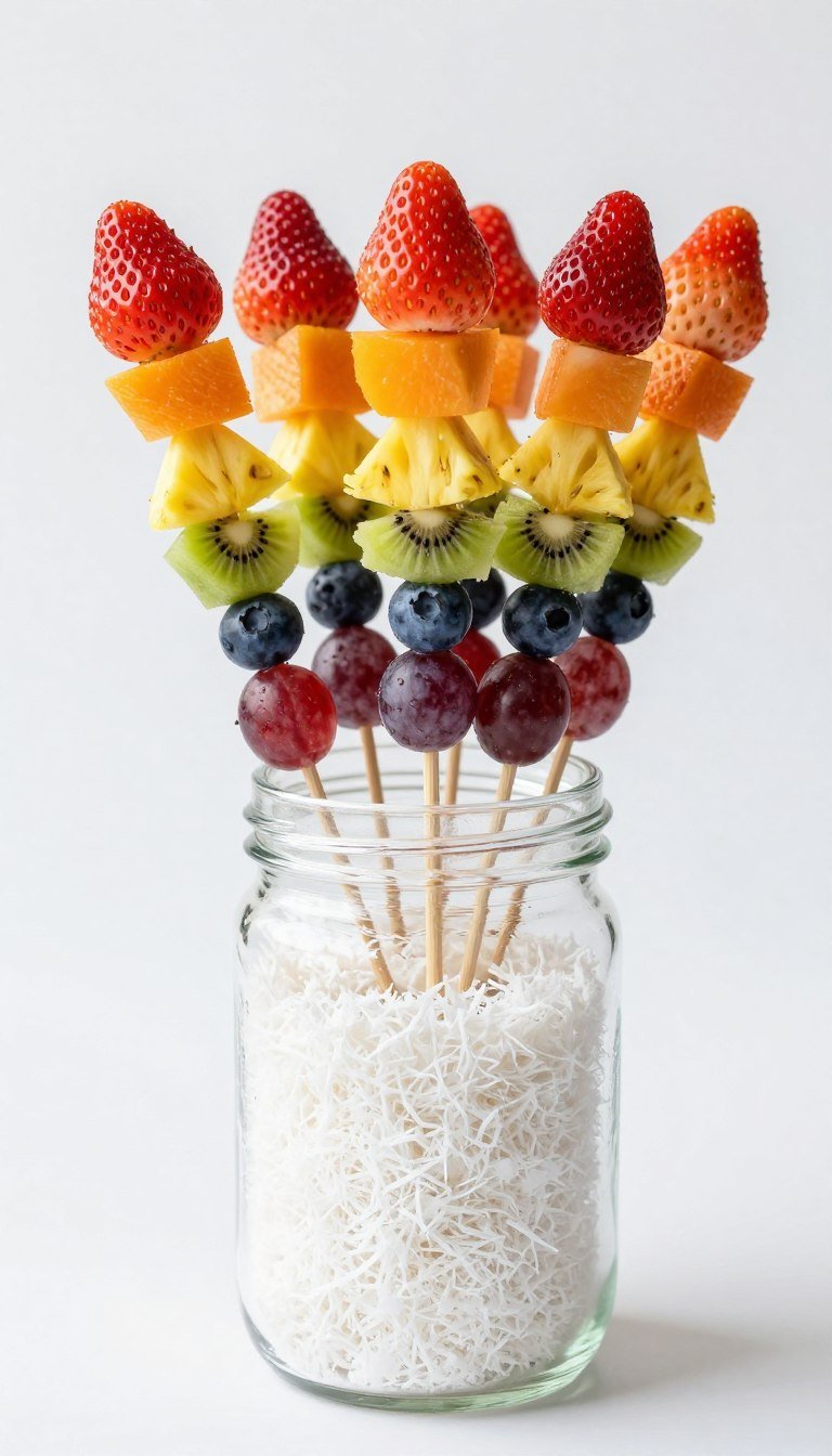 Rainbow fruit skewers standing in glass jar