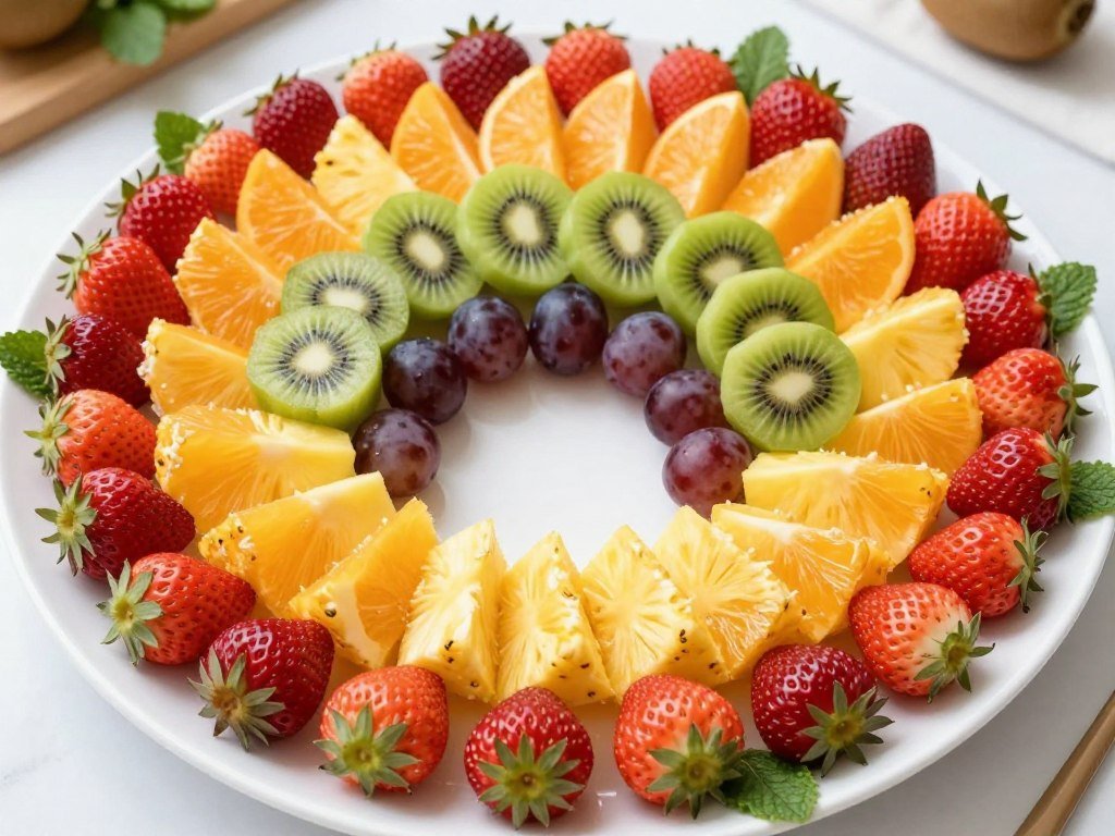 Rainbow fruit tray with colorful fruit arranged in arc pattern