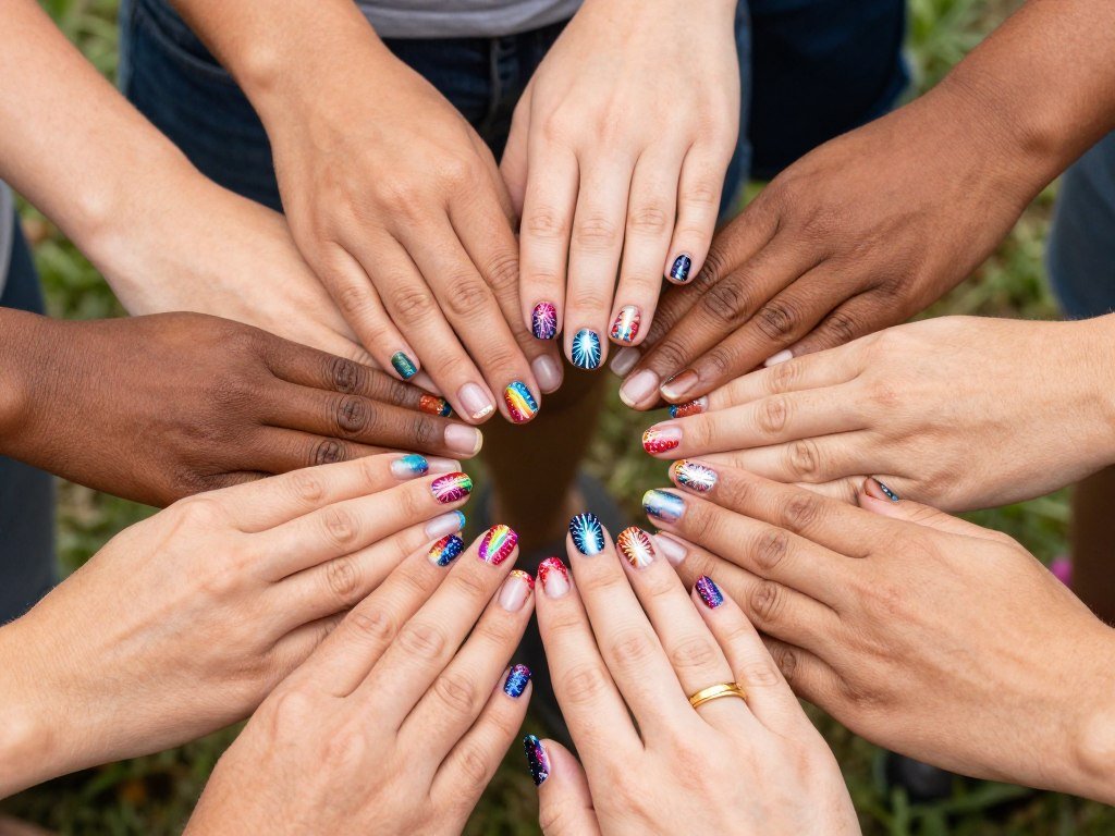 Rainbow glitter gel nail designs with firework patterns for inclusive July celebration