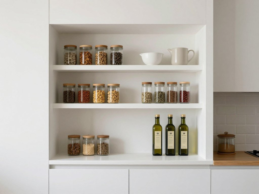 Recessed wall niche with built-in shelving displaying spices and oils