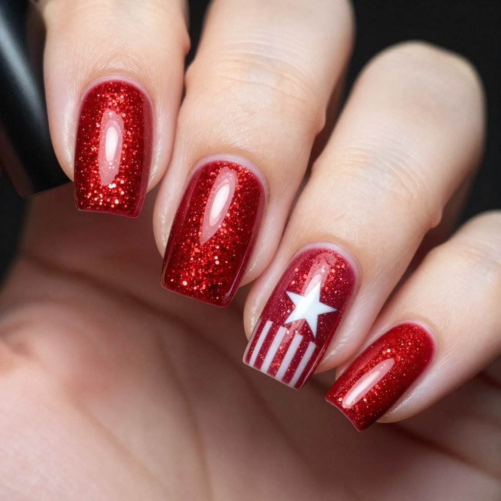 Red glitter gradient nail design with sparkle fading from tip