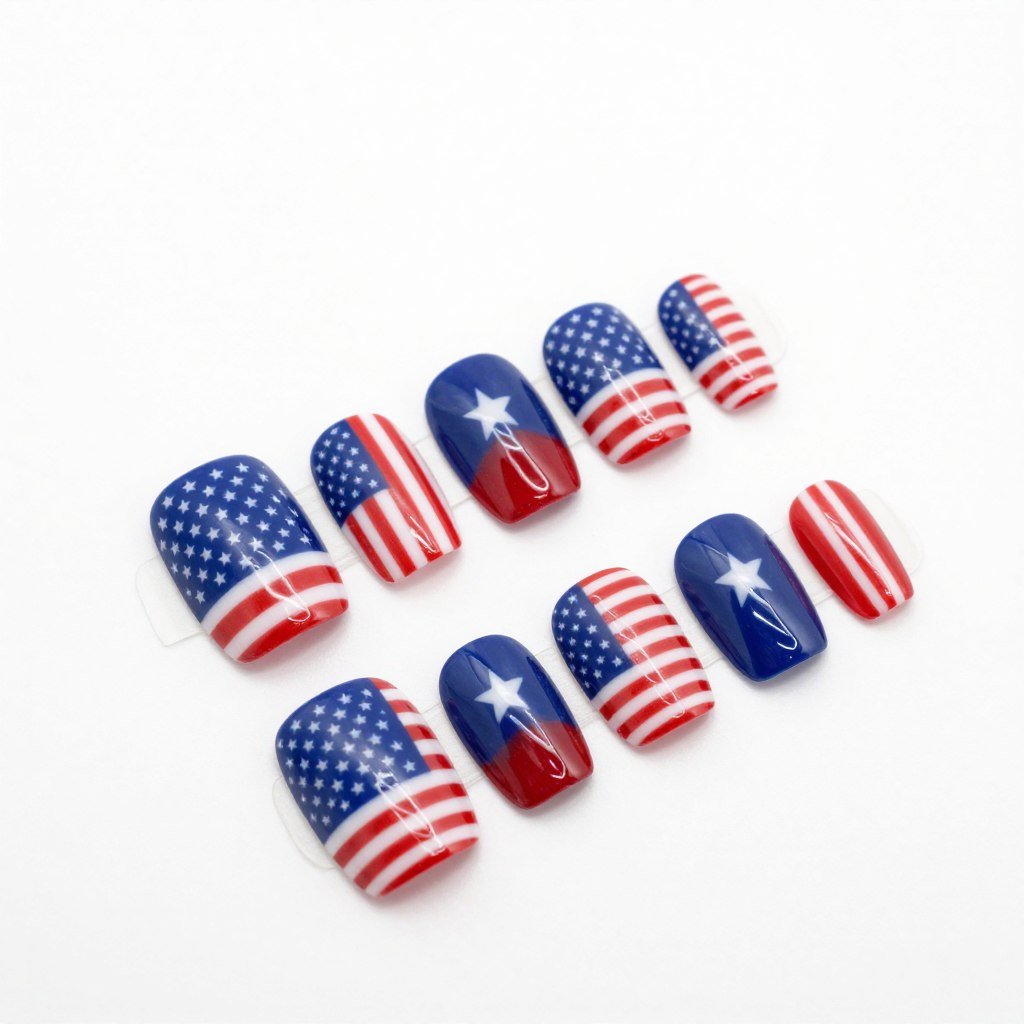 Red white and blue press-on toe nails with American flag and star designs