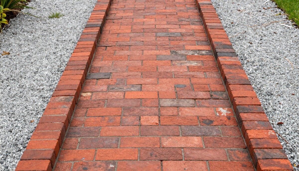Repurposed brick edging along garden path Repurposed brick edging along garden path