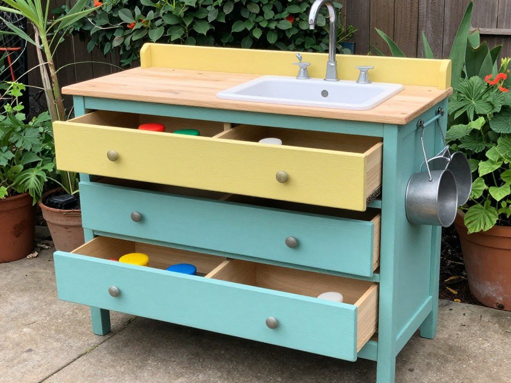 Repurposed old dresser converted into outdoor mud kitchen with drawers for storage