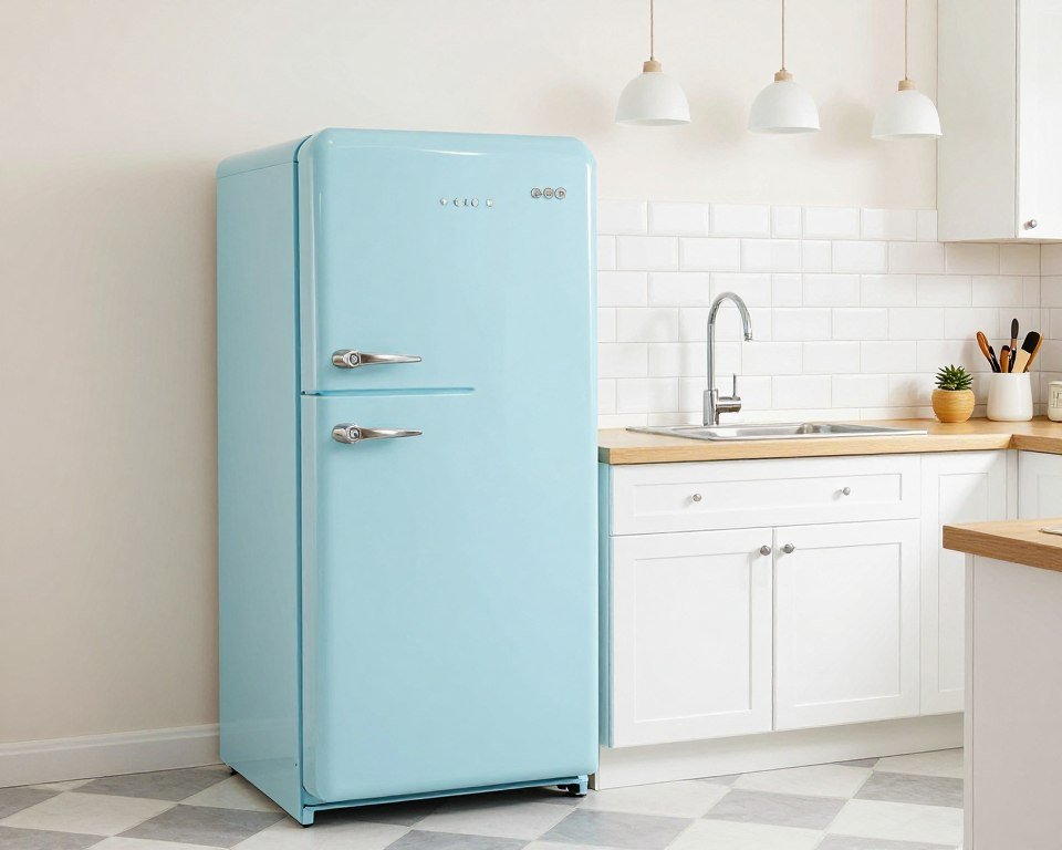 Retro-style powder blue refrigerator in white kitchen
