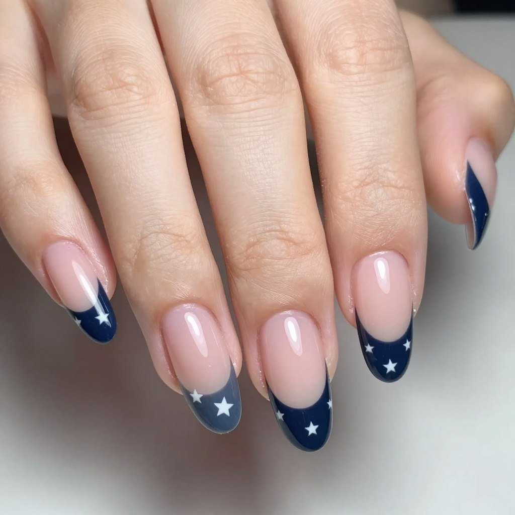 Reverse French manicure with navy blue tips and white stars for July 4th