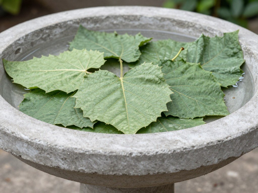 Rhubarb leaf concrete bird bath showing natural leaf texture pattern