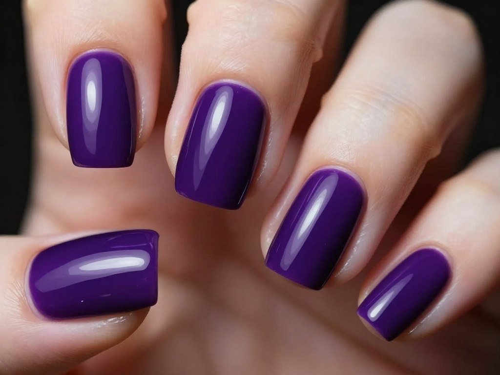 Rich deep violet purple nail polish on square-shaped nails