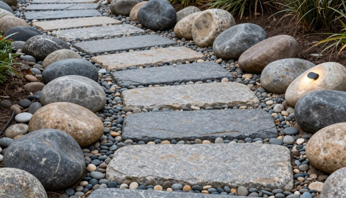 River rock garden pathway with mixed stone sizes River rock garden pathway with mixed stone sizes