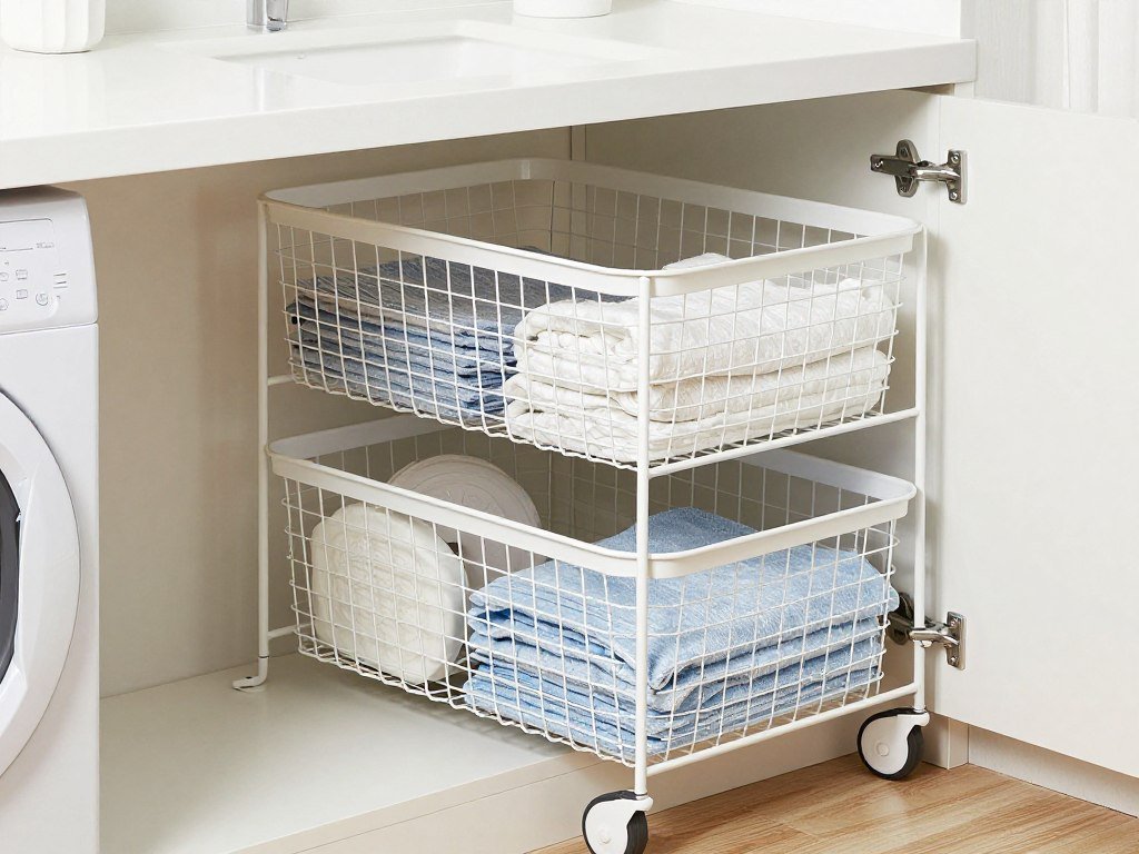 Rolling storage baskets under laundry room counter for flexible organization