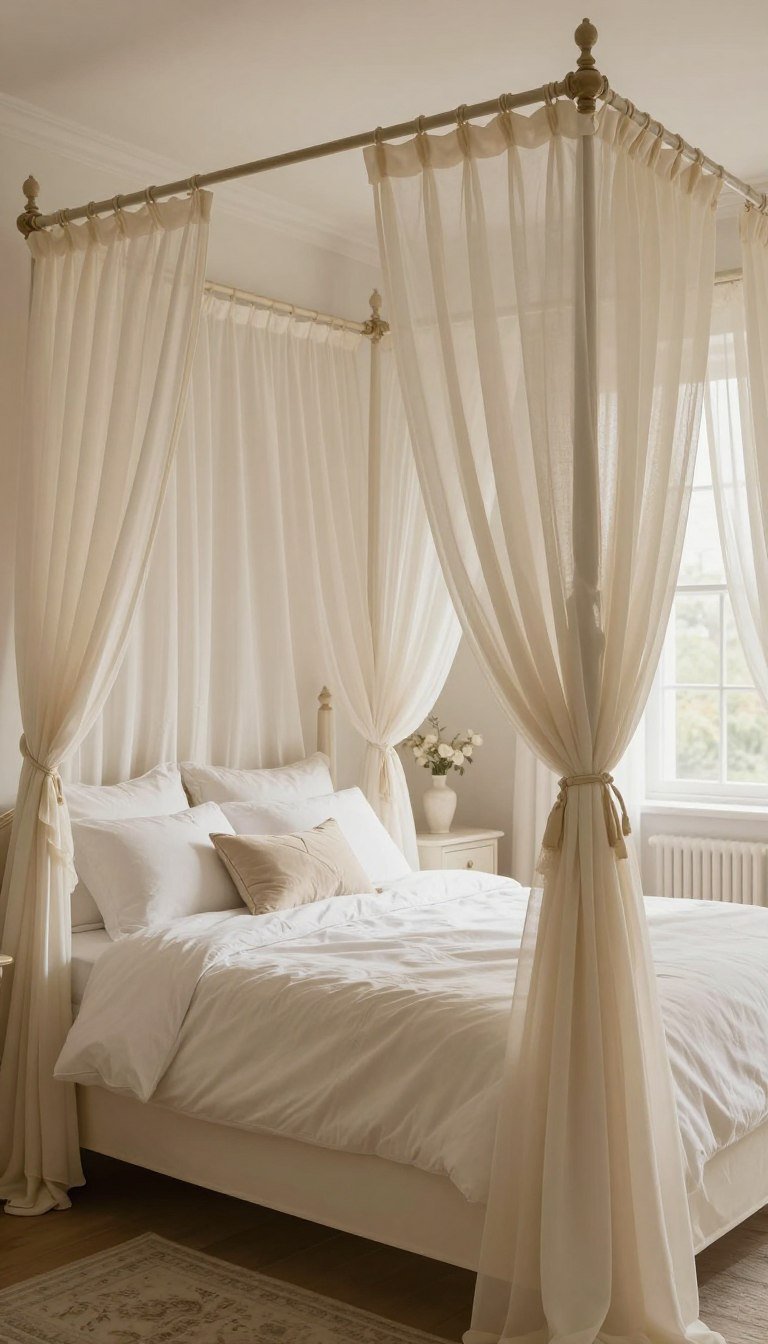 Romantic cream canopy bed with flowing sheer curtains