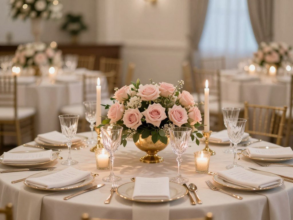 Romantic wedding reception table with blush roses and candlelight