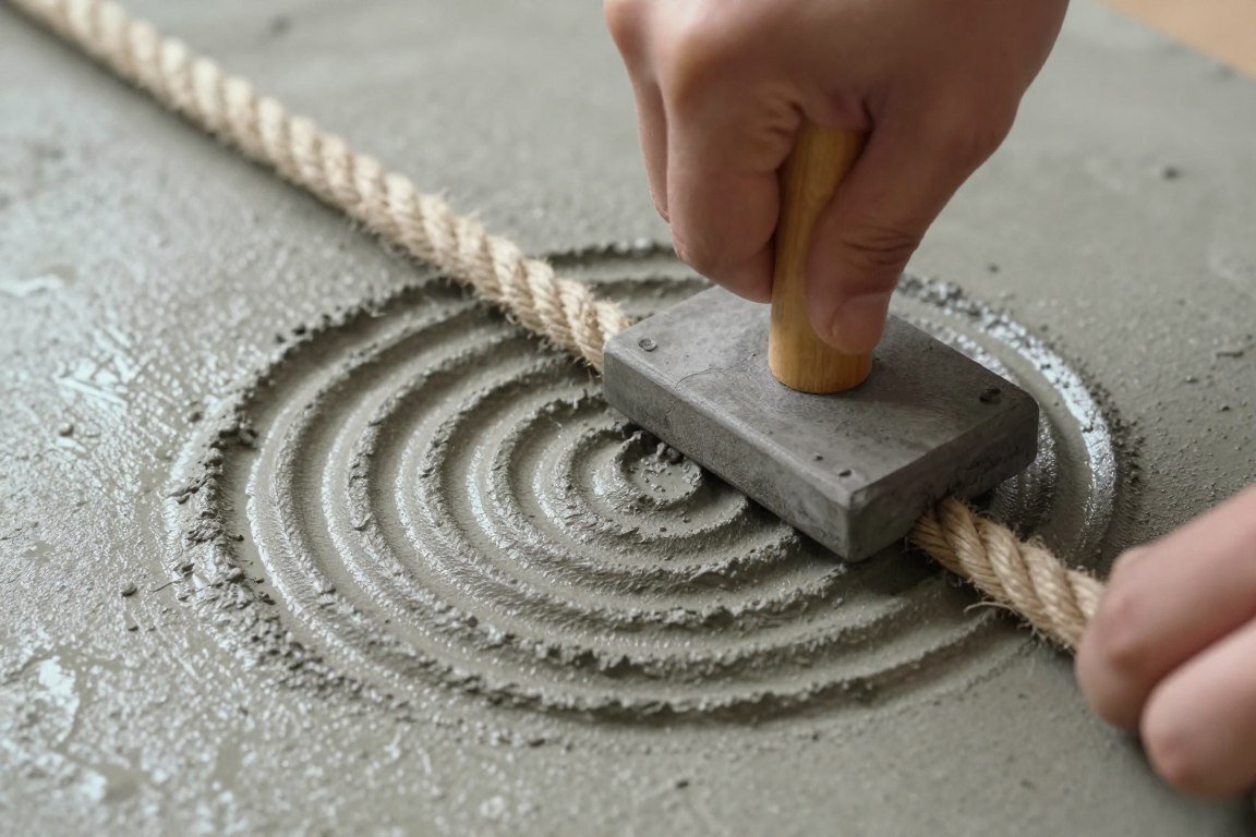 Rope being pressed into wet concrete to create texture pattern