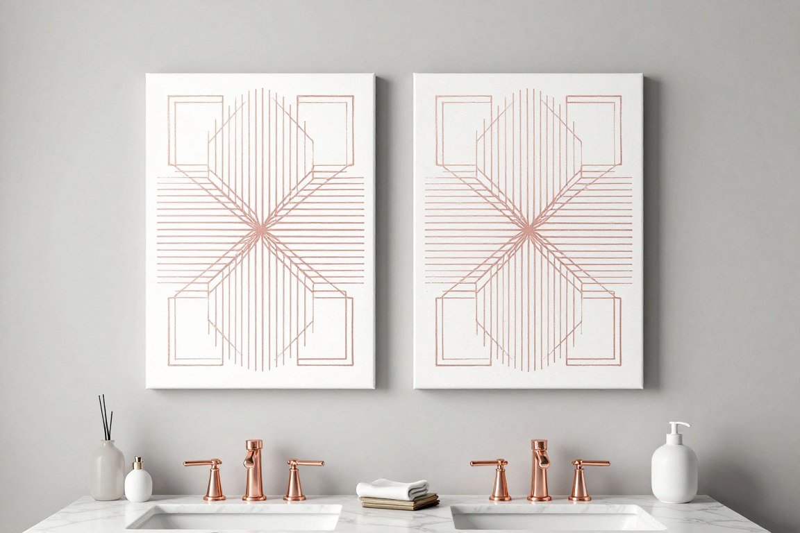 Rose gold abstract canvas prints in modern bathroom