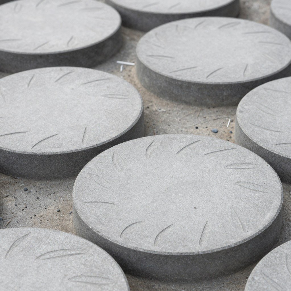 Round concrete stepping stones with decorative leaf patterns