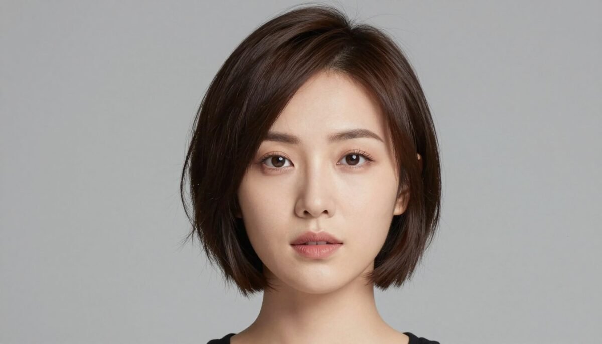 Round face shape with choppy cut creating angles and definition