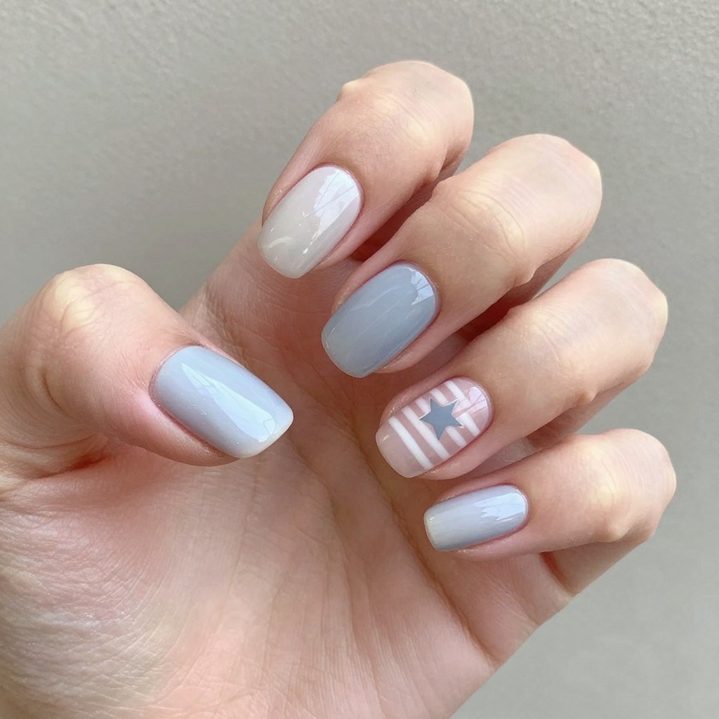 Round natural shaped nails with subtle patriotic design