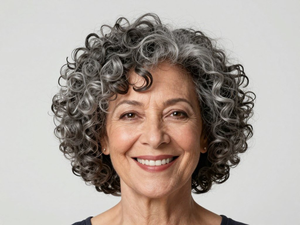 Rounded curly crop creating halo effect around face
