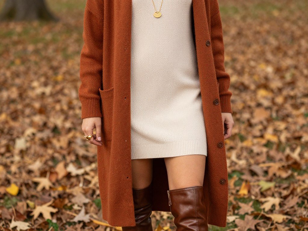 Rust cardigan layered over cream dress with autumn accessories