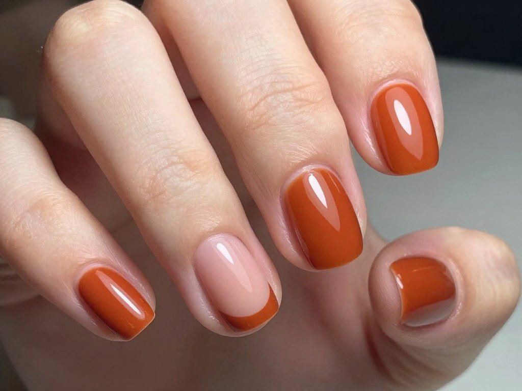 Rust orange French tips on round nails with deep autumn color