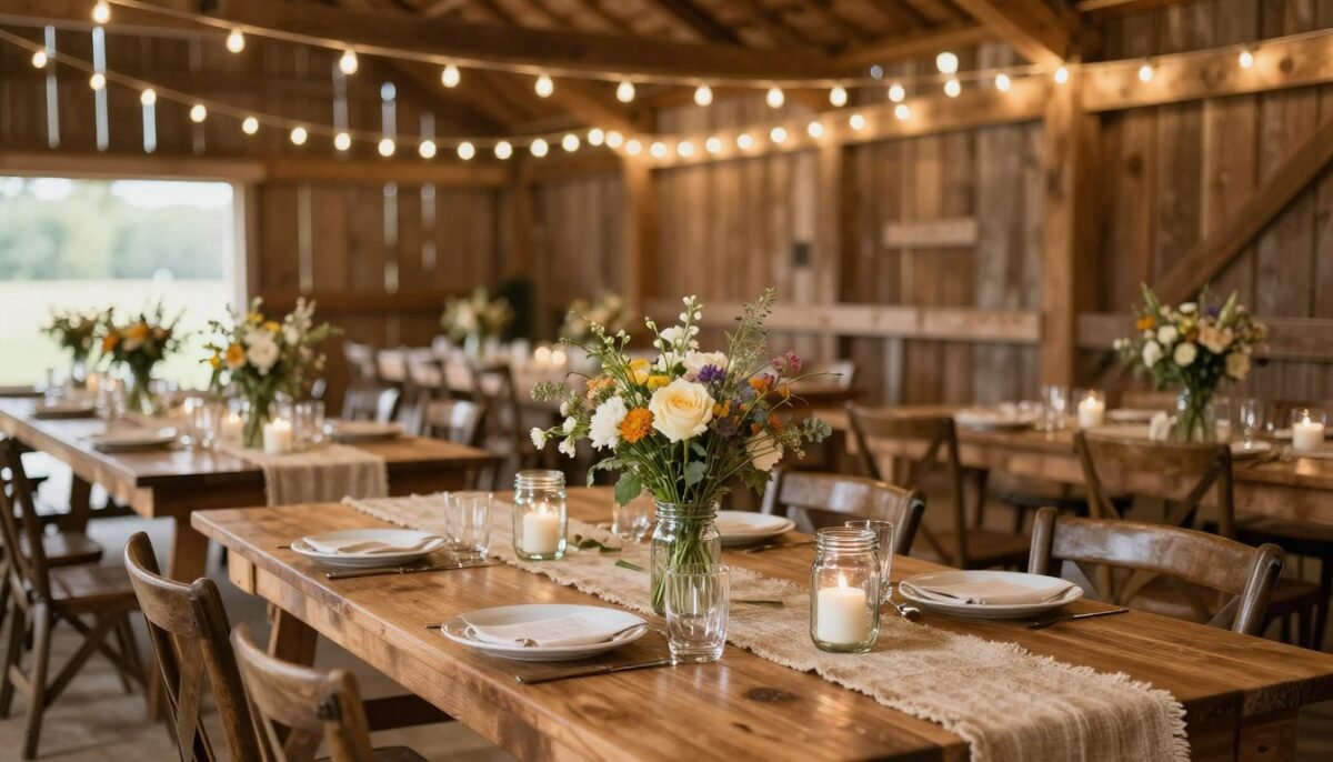Rustic barn wedding reception with wooden tables and mason jar centerpieces