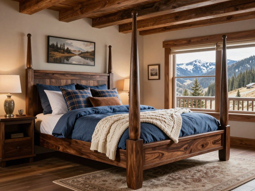 Rustic bedroom with dark brown wood furniture and denim blue bedding