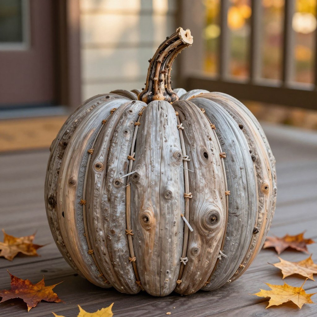 Rustic driftwood pumpkin autumn decoration on porch