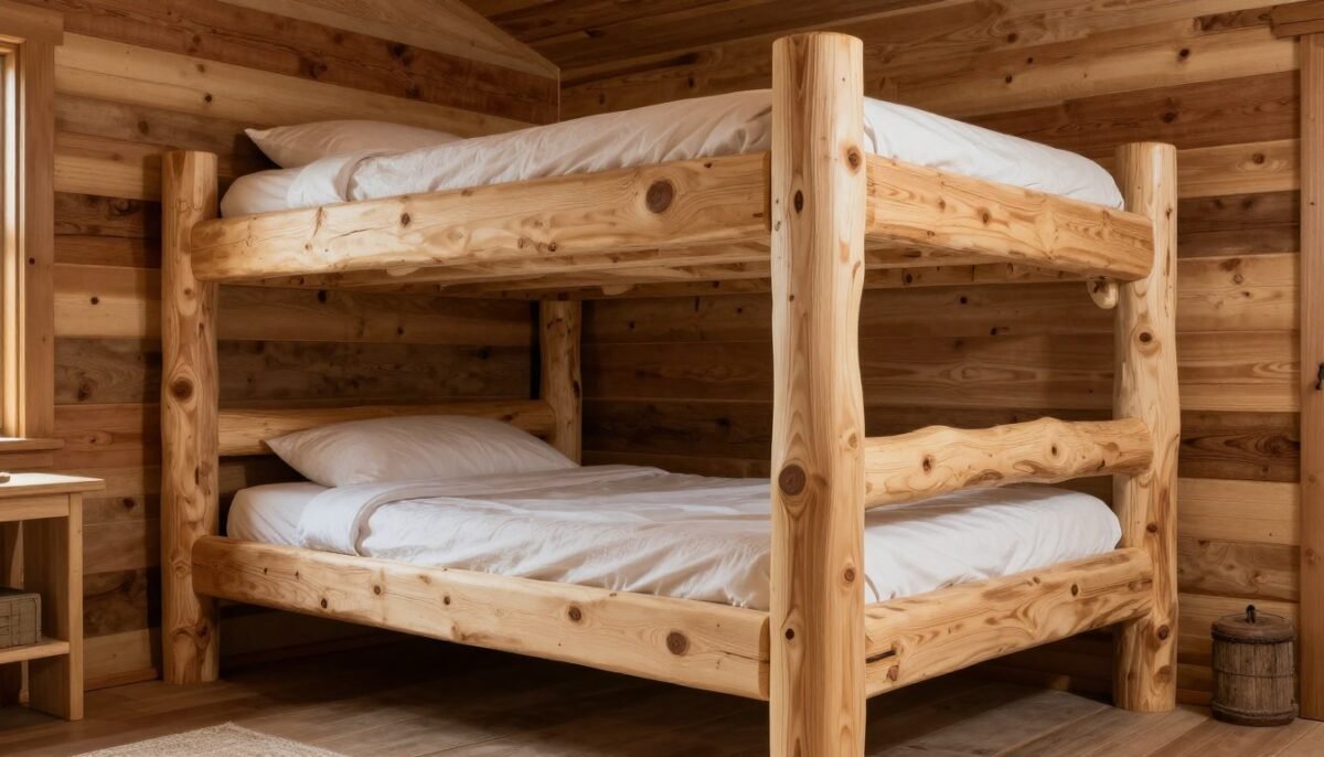 Rustic loft bed made from natural logs with cabin-style aesthetic