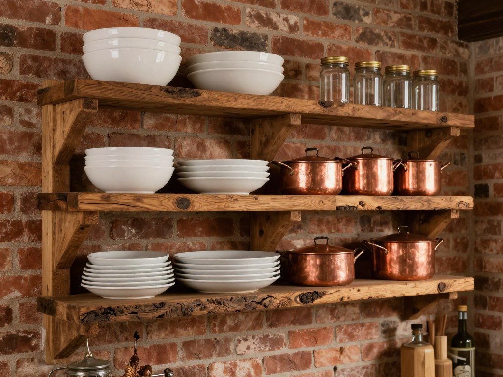 Rustic reclaimed wood floating shelves in farmhouse kitchen displaying vintage ceramic dishes