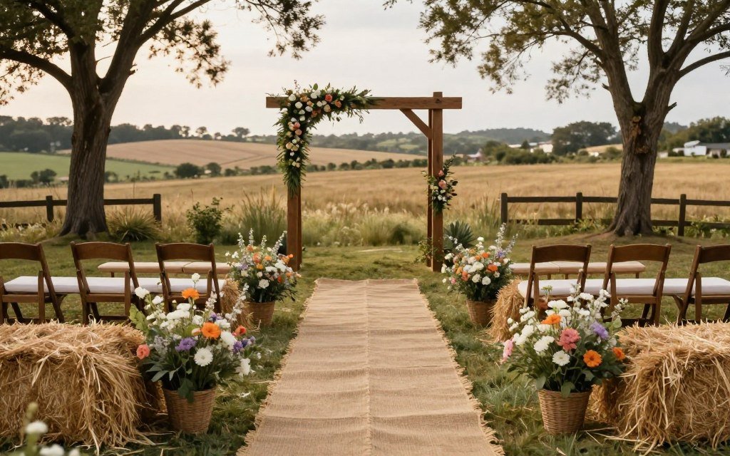 Rustic wedding aisle decoration with hay bales and flowers