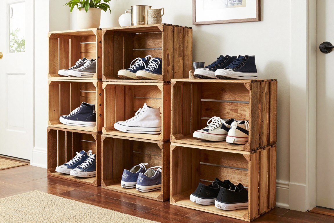 Rustic wooden crates stacked as DIY shoe storage shelf in modern entryway