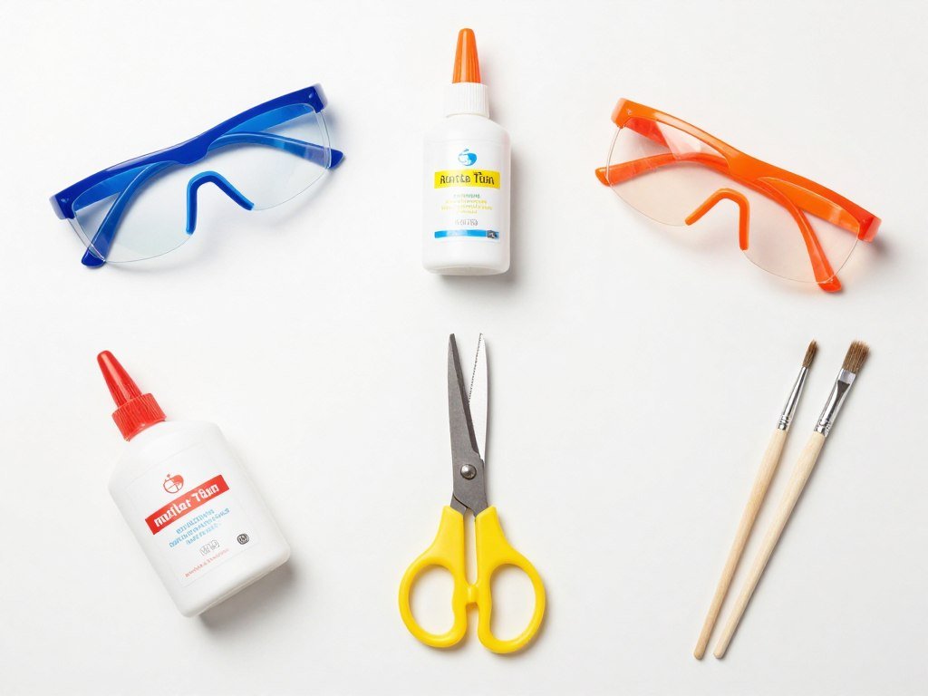 Safety equipment for kids crafting including safety glasses and non-toxic supplies