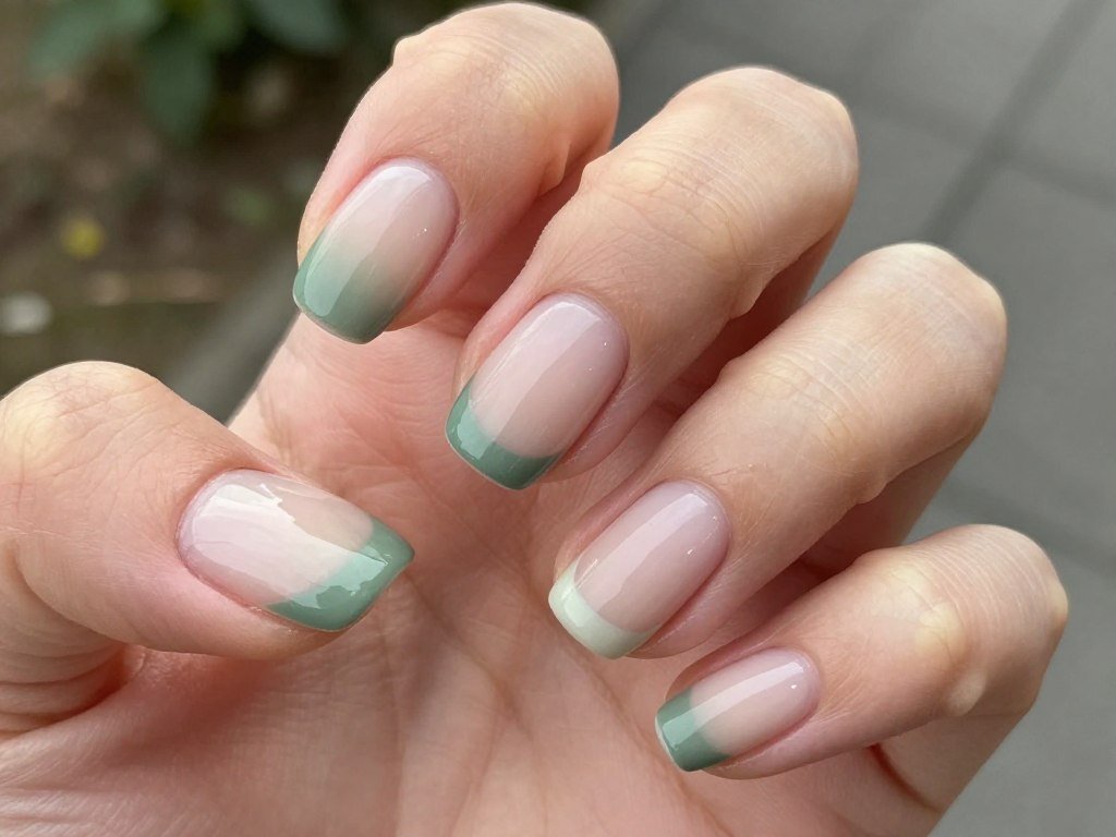 Sage green French tips on oval nails with muted earthy tone