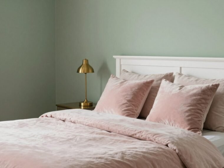 Sage green and pink bedroom ideas with soft velvet bedding and brass accents