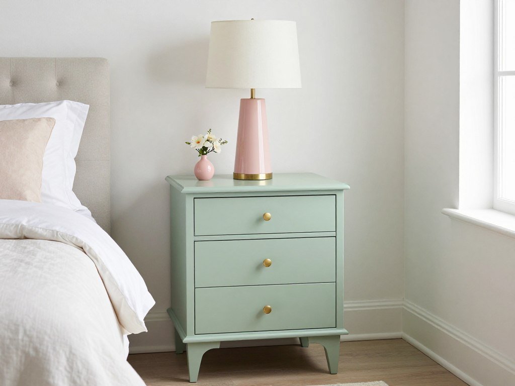 Sage green painted nightstand with pink decor