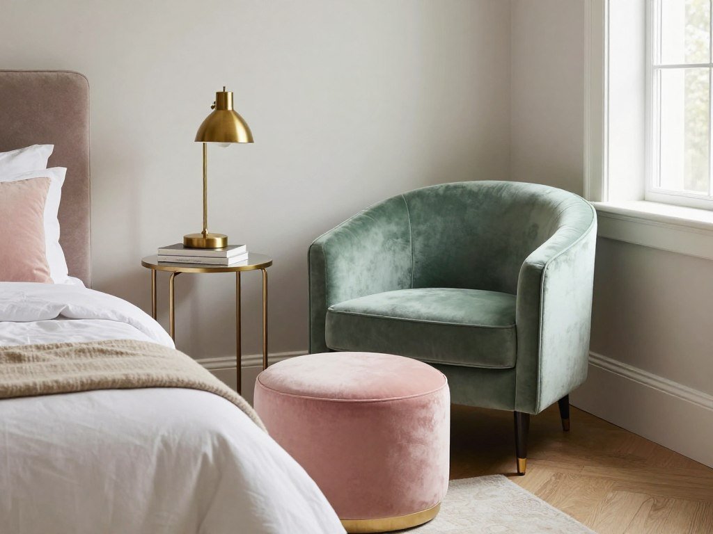 Sage velvet chair with pink ottoman