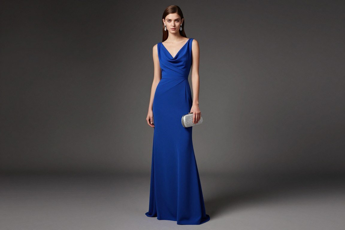 Sapphire blue floor-length gown with elegant draping