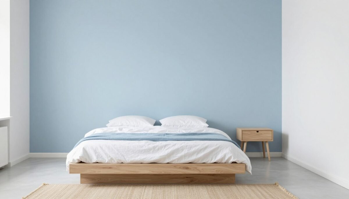 Scandinavian bedroom with powder blue walls and light wood furniture Scandinavian bedroom with powder blue walls and light wood furniture