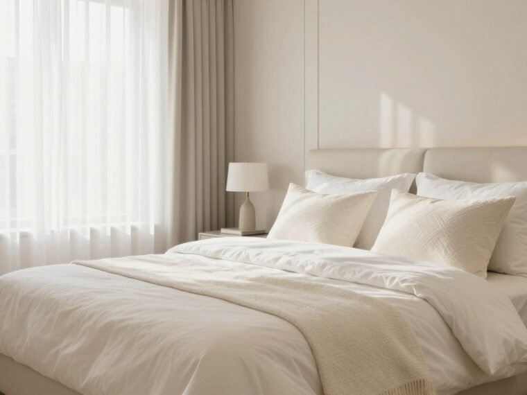 Serene cream and white bedroom with layered textures and natural light