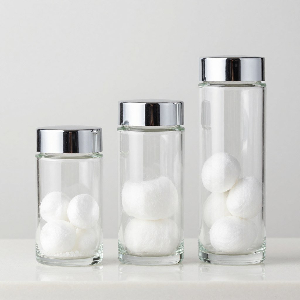 Set of clear glass apothecary jars for bathroom storage