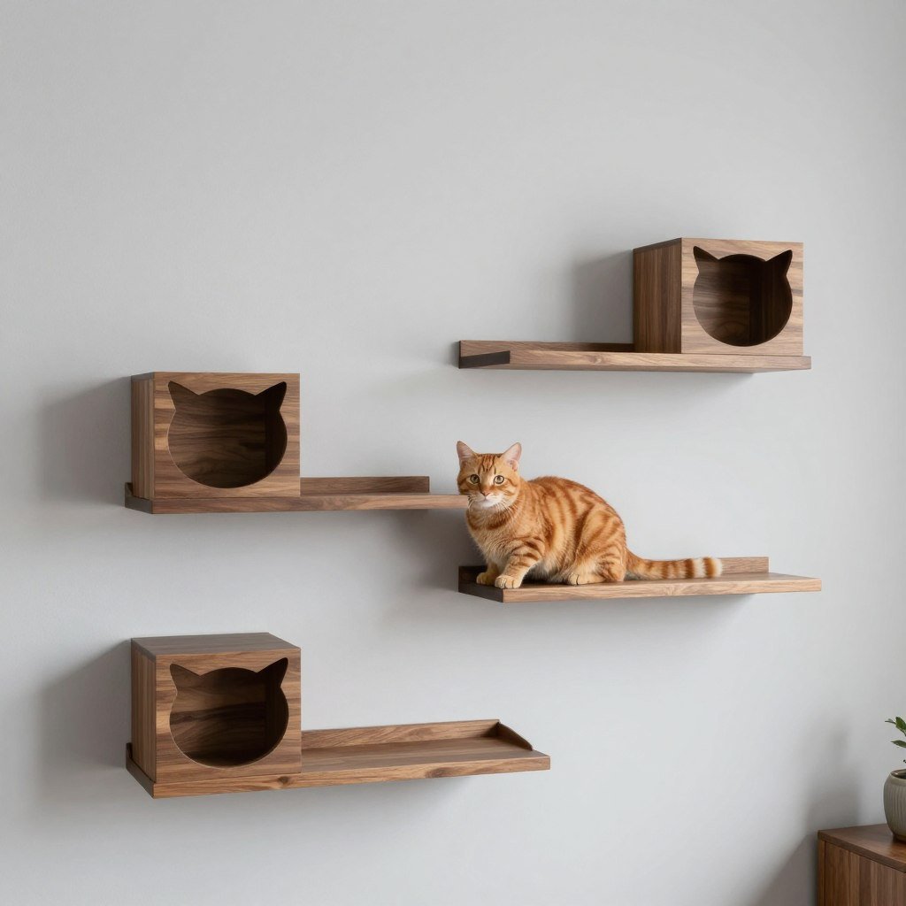 Set of three minimalist cat wall shelves arranged in staggered pattern