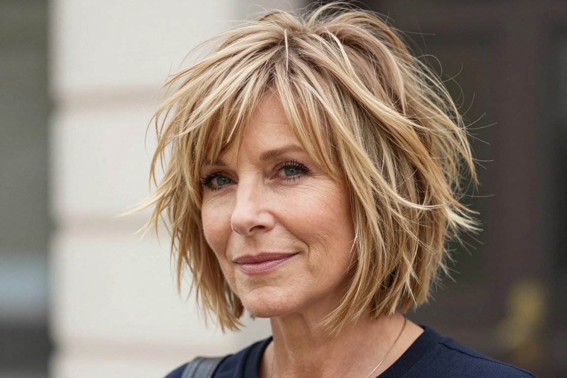 Shaggy bob haircut with textured layers for women over 50