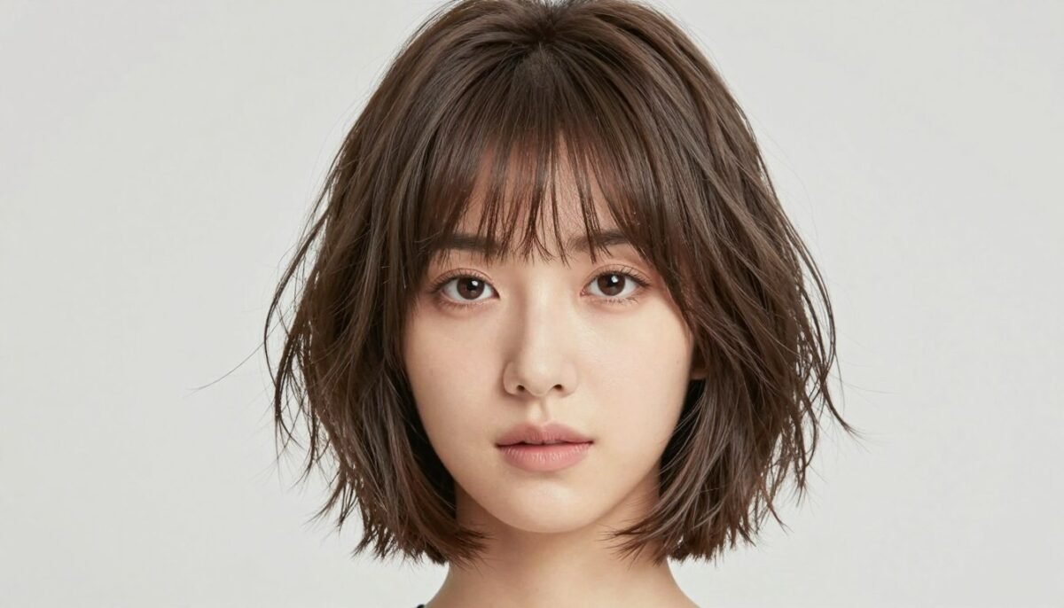 Shaggy bob haircut with wispy bangs and textured layers