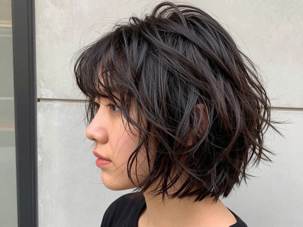 Shaggy choppy bob with messy layers perfect for thick hair