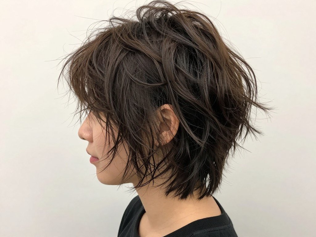Shaggy choppy crop with messy layers creating casual effortless style