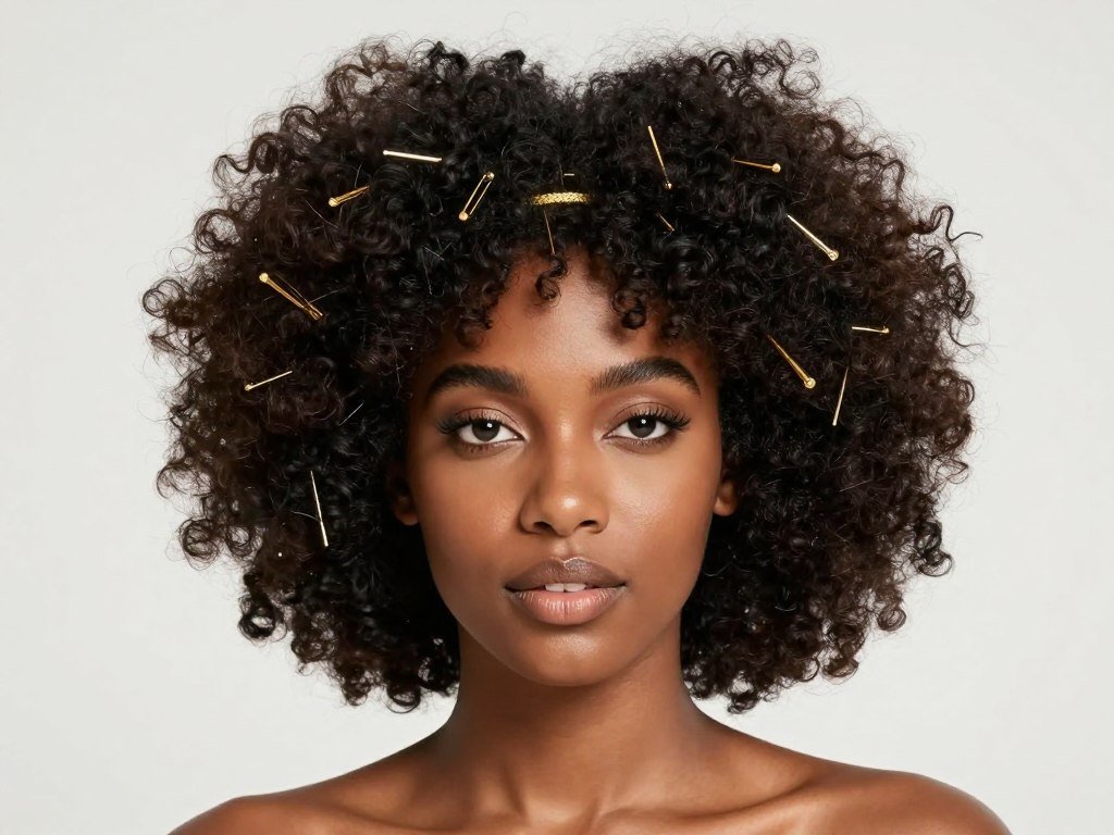 Shaped afro with gold accessories prom hairstyle