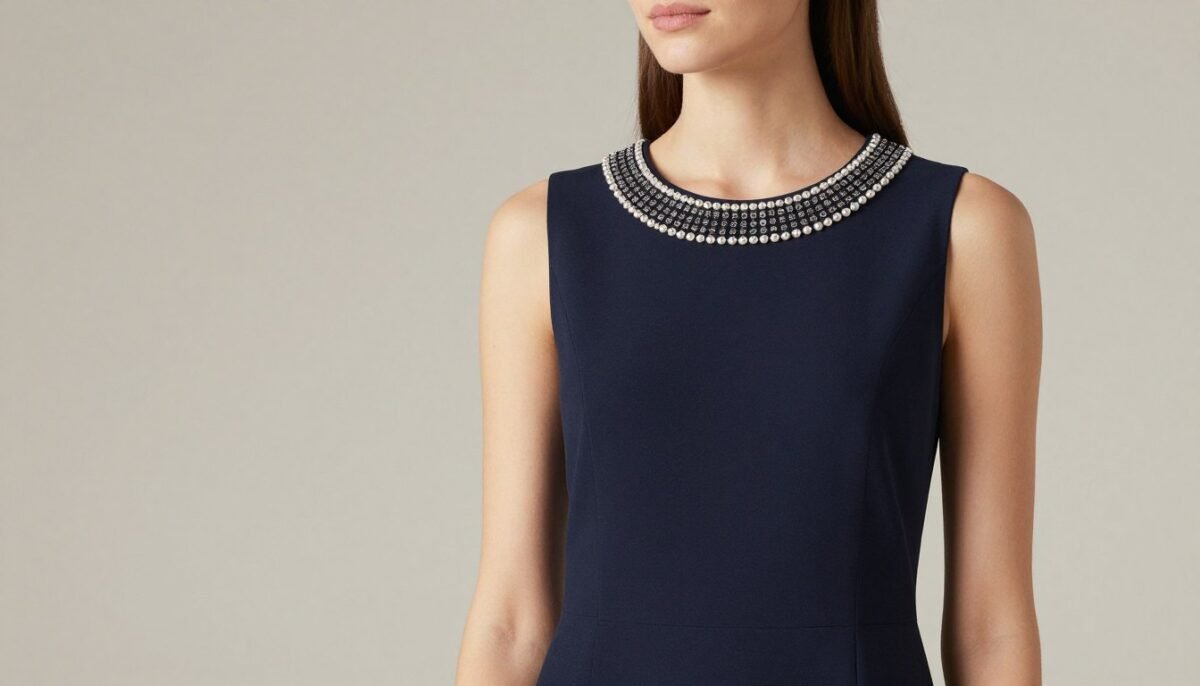 Shift dress with embellished neckline detail Shift dress with embellished neckline detail