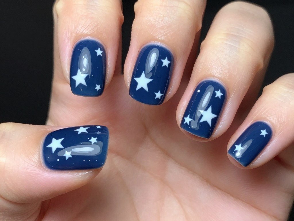 Short blue nails with scattered small white stars